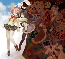  adelbert_(madoka_magica) akemi_homura anthony_(madoka_magica) beret black_hair blonde_hair blue_hair boots brown_legwear cape charlotte_(madoka_magica) cloud corset covering covering_eyes covering_face daniyyel+jennifer detached_sleeves drill_hair emi everyone h.n.elly_(kirsten) hair_ornament hair_ribbon hairpin hat highres kaname_madoka kyubey kyuubee magical_girl mahou_shoujo_madoka_magica miki_sayaka multiple_girls pantyhose pink_hair plaid plaid_skirt pleated_skirt polearm puffy_sleeves pyotr_(madoka_magica) red_hair redhead ribbon sakura_kyouko school_uniform skirt spear taut_shirt thigh-highs thighhighs tomoe_mami twin_drills vertical-striped_legwear vertical_stripes weapon witch's_labyrinth zettai_ryouiki 