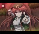 anime_coloring blue_eyes bust clenched_hand clock fighting_stance fingerless_gloves fist gloves hands hat hong_meiling inoshira letterboxed long_hair red_hair redhead solo touhou 