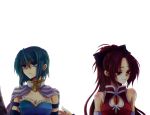  2girls bare_shoulders blood blue_hair cape commentary commentary_request female hiyori7 long_hair looking_away magical_girl mahou_shoujo_madoka_magica miki_sayaka multiple_girls ponytail red_eyes red_hair redhead sakura_kyouko short_hair simple_background 
