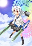  ara_ta bad_id bow dual_wielding flying gears gundam gundam_00 hair_bow red_eyes skirt suguri suguri-sp sword weapon white_hair 