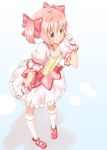  from_above gloves hair_ribbon kaname_madoka kneehighs light_smile mahou_shoujo_madoka_magica pigeon-toed pigeon_toed pink_hair pointing puffy_sleeves red_eyes ribbon short_twintails standing twintails white_gloves white_kneehighs white_legwear yoruda 