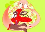  artist_request bow brown_eyes flower gloves green headphones hello_kitty japanese_clothes kimono kneeling looking_back nekomura_iroha pink_hair ponytail thigh_boots very_long_hair vocaloid 