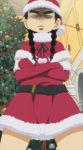  black_hair braid chiba_yuudai christmas crossdressinging crossed_arms hat highres mitsudomoe santa_costume santa_hat stitched 