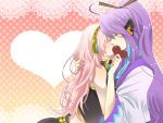  1girl ahoge bare_shoulders couple headphones heart kamui_gakupo kiss long_hair megurine_luka pink_hair purple_hair vocaloid yucco_kxoxc 