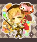  argyle argyle_background atea bad_id blonde_hair cake charlotte_(madoka_magica) chibi cup drill_hair food fruit gun letterboxed magical_girl magical_musket mahou_shoujo_madoka_magica rifle smile strawberry tea teacup thighhighs tomoe_mami twin_drills weapon yellow_eyes 