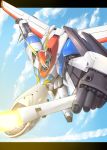  colored d-1 flying foreshortening glowing glowing_eyes hands izuriha kikou_senki_dragonar mecha metal_armor_dragonar oldschool sky weapon wings 