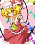  bad_id blonde_hair blush bow crystal dress fang flandre_scarlet gift gomasamune hair_bow hat highres open_mouth red_eyes short_hair shy side_ponytail solo sphere the_embodiment_of_scarlet_devil thigh-highs thighhighs touhou wings 