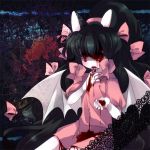  animal_ears bat_wings black_hair bleeding blood blood_in_mouth blood_on_clothes blood_on_face bloody_clothes cat_ears dress eyes hair_ribbon injury licking long_hair original pink_dress ribbon solo very_long_hair wings 