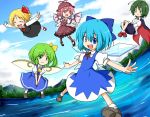  5girls :d animal_ears antennae blonde_hair blue_hair blush_stickers bow bug cape chibi child cirno closed_eyes cloud daiyousei fairy floating flying frills gimicalmas green_eyes green_hair hair_bow happy hat lake mary_janes mountain multiple_girls mystia_lorelei open_mouth outstretched_arms pink_hair red_eyes rumia shoes short_hair side_ponytail sky smile spread_arms team_9 touhou tree v_arms wings wriggle_nightbug youkai 