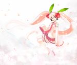  4gb4tb alternate_color alternate_hair_color bad_id cherry cherry_blossoms detached_sleeves food fruit hatsune_miku long_hair necktie petals pink_eyes pink_hair sakura_miku skirt smile solo thigh-highs thighhighs twintails very_long_hair vocaloid zettai_ryouiki 