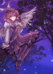  animal_ears crescent_moon dress hand_on_own_chest hand_to_chest hat highres in_tree marionette_(excle) moon musical_note mystia_lorelei night night_sky red_eyes red_hair redhead singing sitting sitting_in_tree sky solo touhou tree wings 