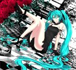  aqua_eyes aqua_hair bad_id bare_shoulders checkered checkered_floor choker crossed_legs dress flower full_body hatsune_miku high_heels legs legs_crossed long_hair red_rose rose s_tanly shoes single_glove sitting solo twintails very_long_hair vocaloid 