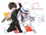  bad_id blue_eyes brown_hair cape card card_in_mouth detective_conan dual_persona formal gun hat heart hold_in_mouth hug kaito_kid kneeling kuroba_kaitou male meitantei_conan monocle mouth_hold multiple_boys necktie school_uniform smile suit top_hat toujou_sakana weapon wire 