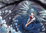  alternate_wings blue_dress blue_eyes blue_hair blurry blush bow cirno colored_eyelashes depth_of_field dress fairy flower from_above hair_bow ice ice_wings ks lake lips revised revision short_hair smile snow solo touhou tree v_arms water wings 