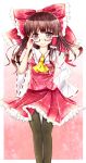 bespectacled black_legwear black_pantyhose bow brown_hair detached_sleeves dress glasses grey_eyes hair_bow hakurei_reimu hand_on_own_face hand_to_face harukaruha highres japanese_clothes miko pantyhose red_dress smile solo touhou 