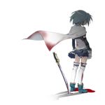 back blood blue_hair cape from_behind ikesin mahou_shoujo_madoka_magica miki_sayaka short_hair simple_background solo standing sword thigh-highs thighhighs weapon 