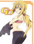  bike_shorts blonde_hair blush charlotte_dunois highres iga_tamaki infinite_stratos long_hair looking_back ponytail purple_eyes simple_background solo undressing violet_eyes 