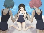  akemi_homura arm_support barefoot black_eyes black_hair blue_hair blush from_behind kaname_madoka kuuyuu long_hair mahou_shoujo_madoka_magica miki_sayaka multiple_girls name_tag pink_hair pool poolside role_reversal school_swimsuit short_hair short_twintails sitting swimsuit tears tiles twintails wariza you_gonna_get_raped 