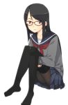  brown_eyes copyright_request feet glasses long_hair pantyhose pirlo school_uniform simple_background skirt solo thighhighs 