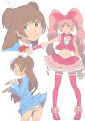  akinbo_(hyouka_fuyou) ass brown_hair cure_melody cure_rhythm earring earrings highres houjou_hibiki jewelry long_hair pink_hair precure skirt smile striped striped_panties suite_precure thighhighs thighs 