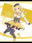  blonde_hair boots detached_sleeves drill_hair english fingerless_gloves gloves hat letterboxed mahou_shoujo_madoka_magica omega.ep smile solo star thigh-highs thighhighs tomoe_mami yellow_eyes 