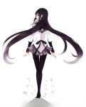  akemi_homura bad_id black_eyes black_hair from_behind high_heels highres legs long_hair looking_back mahou_shoujo_madoka_magica niiko number numbers outstretched_hand pantyhose profile shoes simple_background solo very_long_hair 