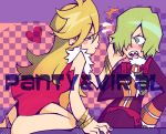  blonde_hair blue_eyes blush bracelet claws company_connection creator_connection crossover dress fur_trim gainax green_eyes green_hair jewelry long_hair oversized_limbs panties panty_&amp;_stocking_with_garterbelt panty_(character) panty_(psg) pink_panties red_dress shiratama tengen_toppa_gurren-lagann tengen_toppa_gurren_lagann underwear viral 