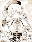  bust cup drill_hair fingerless_gloves flower gloves hair_ornament hat light_smile mahou_shoujo_madoka_magica monochrome mytyl saucer sausage solo teacup tomoe_mami wink 