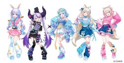  5girls :d ;d animal_ear_fluff animal_ears animal_on_head arm_at_side arm_warmers asymmetrical_legwear bandaid bandaid_hair_ornament bare_shoulders belt belt_collar bird bird_on_head black_horns black_leg_warmers black_nails blonde_hair blue-tinted_eyewear blue_arm_warmers blue_belt blue_bow blue_choker blue_collar blue_eyes blue_hair blue_leg_warmers blue_nails blue_necktie blue_shirt blue_shoes blue_streaks blue_thighhighs blush bow bracelet braid braided_hair_rings choker collar colored_inner_animal_ears colored_shoe_soles commentary_request copyright_notice crow_(la+_darknesss) crown_braid demon_girl demon_horns dog_ears dog_girl dog_tail double_bun eyewear_on_head fangs fishnet_pantyhose fishnets food-themed_hair_ornament full_body fur-trimmed_jacket fur-trimmed_skirt fur_trim fuwawa_abyssgard gradient_clothes grey_belt hair_bow hair_bun hair_intakes hair_ornament hair_rings hairclip hand_on_own_hip hand_up heart_tail_ornament highres hololive hololive_english hololive_indonesia horns huge_horns jacket jewelry kobo_kanaeru la+_darknesss layered_shirt leg_up leg_warmers long_hair long_sleeves looking_at_viewer midriff mismatched_leg_warmers mococo_abyssgard multicolored_hair multiple_belts multiple_girls multiple_hair_bows navel necklace necktie o-ring o-ring_belt off_shoulder official_art on_head one_eye_closed open_mouth orange_eyes pantyhose pink_belt pink_bow pink_choker pink_eyes pink_jacket pink_nails pink_shirt pink_shoes pink_skirt pink_streaks pisuke_wan pleated_skirt pointy_ears pom_pom_(clothes) purple_hair purple_nails purple_shoes purple_streaks rabbit_girl shirt shoes short_sleeves siblings side_up_ring simple_background single_leg_pantyhose single_sock single_thighhigh sisters skirt slit_pupils smile sneakers socks standing standing_on_one_leg star_(symbol) star_hair_ornament streaked_hair striped_clothes striped_horns striped_socks striped_thighhighs sunglasses swept_bangs tail tail_ornament thigh-highs thigh_strap tinted_eyewear torn_clothes torn_shirt twin_braids twins twintails two-tone_hair usada_pekora v v_over_eye very_long_hair virtual_youtuber w wallet_chain white_arm_warmers white_background white_hair white_leg_warmers white_skirt y2k_fashion yellow_eyes yellow_leg_warmers 