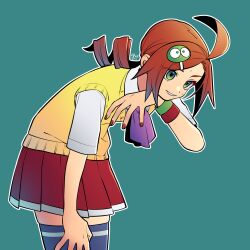 1girl 4lily absurdres ahoge andou_ringo ascot blue_background blue_thighhighs brown_hair character_hair_ornament collared_shirt commentary_request cowboy_shot drill_hair green_background green_eyes grin hair_ornament hairclip hand_on_own_thigh highres leaning_forward looking_at_viewer medium_hair nail_polish outline pleated_skirt purple_ascot purple_thighhighs puyopuyo red_hair red_nails red_skirt school_uniform shirt short_sleeves simple_background skirt smile solo standing sweater_vest thigh-highs twin_drills vest white_outline white_shirt wristband yellow_sweater_vest yellow_vest zettai_ryouiki 