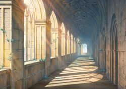  abandoned arcade_(architecture) arch arched_window architecture blue_archive cathedral church column day european_architecture game_cg gothic_architecture hallway indoors ivy lens_flare light_rays no_humans non-web_source official_art perspective pillar plant ruins scenery self-datamine shadow stone_floor stone_wall sunbeam sunlight vaulted_ceiling vines warm_colored window window_shadow 