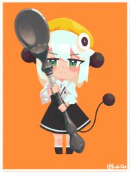  1girl absurdres artist_name black_skirt blush bracelet brown_shoes buttons chibi euki_(eukicat) green_eyes hair_ornament hat highres holding holding_spoon improvised_weapon jewelry loli long_sleeves original shirt shoes skirt socks solo sphere_hair_ornament spoon suspender_skirt suspenders tail white_shirt white_socks yellow_hat 