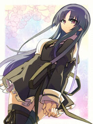  1girl arms_behind_back assault_lily black_hair black_ribbon black_skirt black_thighhighs blue_background border buttons cherry_blossoms closed_mouth colorful_background commentary cowboy_shot cropped_jacket digamma floral_background frilled_skirt frills from_below from_side gradient_background high-waist_skirt highres juliet_sleeves leg_ribbon long_hair long_sleeves looking_down looking_to_the_side miniskirt neck_ribbon outside_border own_hands_together puffy_sleeves purple_background ribbon school_uniform shirai_yuyu shirt sidelocks skirt smile solo standing thigh-highs thigh_ribbon untranslatable_commentary very_long_hair violet_eyes white_border white_shirt yellow_background yurigaoka_girls_academy_school_uniform 
