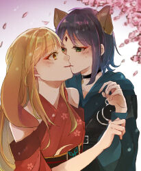  2girls animal_ears black_choker blonde_hair blue_hoodie blush cho_kaguya-hime! choker commentary_request falling_petals green_eyes highres hood hoodie japanese_clothes kaguya_(cho_kaguya-hime!) kimono kiss long_hair multiple_girls nagare_(prn_suki) outdoors petals purple_hair rabbit_ears red_kimono sakayori_iroha short_hair sweat upper_body yellow_eyes yuri 