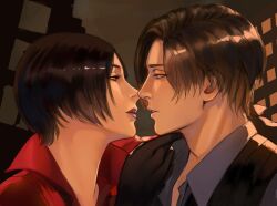  1boy 1girl ada_wong black_gloves black_hair black_vest blue_eyes brown_hair cityscape collared_jacket collared_shirt commentary english_commentary eyelashes face-to-face from_side gloves grey_shirt grey_sky hand_on_another's_chin hand_up henoopd highres jacket leon_s._kennedy lips looking_at_another nose outdoors parted_lips portrait red_jacket red_lips resident_evil resident_evil_6 shirt short_hair sky vest 