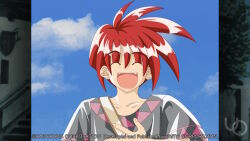  1boy 2000s_(style) :d ^_^ anime_coloring atelier-moo belt closed_eyes collarbone fang fangs game_cg grey_shirt hair_between_eyes hand_on_own_chest large_variant_set non-web_source official_art open_mouth pete_ross red_hair shirt short_hair short_sleeves smile solo spiky_hair standing t-shirt upper_body variant_set yuukyuu_gensoukyoku 