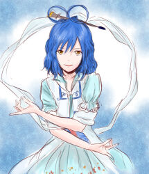  1girl alternate_hair_color blue_dress blue_hair commentary dress floral_print hagoromo hair_ornament hair_rings hair_stick kaku_seiga kashiwada_kiiho medium_hair open_mouth puffy_short_sleeves puffy_sleeves shawl short_sleeves solo touhou vest white_vest yellow_eyes 