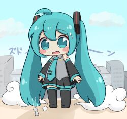  1girl 1other ahoge bare_shoulders black_boots black_skirt black_sleeves blue_eyes blue_hair blue_necktie blush_stickers boots building chibi chibi_only city clouds collared_shirt commentary_request day detached_sleeves full_body giant giantess grey_shirt hatsune_miku highres long_hair long_sleeves miniskirt necktie nukotun number_tattoo open_mouth outdoors pleated_skirt shirt shoulder_tattoo skirt sleeveless sleeveless_shirt solo_focus standing sweatdrop tattoo thigh_boots tie_clip translation_request twintails very_long_hair vocaloid wide_sleeves zettai_ryouiki 