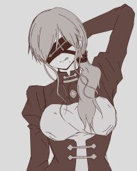  1girl :q alternate_costume arm_behind_head blindfold breasts clothing_cutout covered_eyes dress fate/strange_fake fate_(series) hair_between_eyes highres long_sidelocks monochrome noel_(tsukihime) scrunchie side_ponytail sidelocks tadano_mash tongue tongue_out tsukihime tsukihime_(remake) 