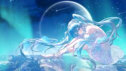  1girl absurdres aurora backless_dress backless_outfit bare_shoulders bent_over blue_eyes blue_hair chinese_commentary closed_mouth clouds colored_eyelashes commentary_request detached_sleeves dress gloves hand_on_own_ankle hatsune_miku high_heels highres long_hair looking_down night planet reflection ripples see-through_clothes see-through_skirt shi_qi_lu_lu shooting_star short_sleeves silver_choker silver_dress sitting sitting_on_water skirt sky solo star_(sky) starry_sky very_long_hair vocaloid white_gloves white_sleeves 