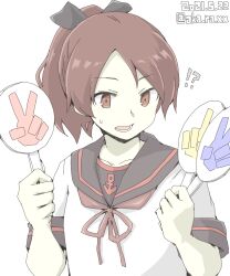  !? 1girl akara_kai anchor_symbol black_sailor_collar bow bowtie brown_eyes brown_hair commentary_request dated highres kantai_collection lower_teeth_only neckerchief open_mouth ponytail red_bow red_bowtie rock_paper_scissors sailor_collar school_uniform serafuku shikinami_(kancolle) shikinami_kai_ni_(kancolle) short_hair sign simple_background solo sweatdrop teeth twitter_username upper_body white_background 