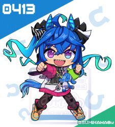  1girl @_@ ahoge animal_ears blue_eyes blue_hair blush boots brown_leggings chibi coat crossed_bangs drawstring full_body heterochromia hood hooded_coat hoodie horse_ears horse_girl horse_tail leggings long_hair long_sleeves looking_at_viewer multicolored_coat multicolored_hair multicolored_hoodie open_mouth sharp_teeth smile solo standing stuffed_animal stuffed_rabbit stuffed_toy sumikawa_(sumikawa8v) tail teeth twin_turbo_(blast_mode!_turbo_engine)_(umamusume) twin_turbo_(umamusume) twintails umamusume violet_eyes yellow_boots 
