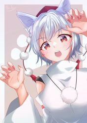  1girl absurdres animal_ear_fluff animal_ears border breasts detached_sleeves eyelashes fluffy_tail hair_between_eyes hair_ornament hands_up hat highres inubashiri_momiji large_breasts looking_at_viewer original pom_pom_(clothes) pom_pom_hair_ornament red_eyes red_hat red_signature short_hair smile tail tengu the_key touhou white_border white_hair wolf_ears wolf_girl wolf_tail 