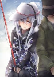  1boy 1girl admiral_(kancolle) black_hair black_pantyhose blue_eyes blush breath camouflage camouflage_jacket clouds commentary_request day earmuffs fishing fishing_rod flat_cap hair_between_eyes hammer_and_sickle hat hibiki_(kancolle) highres holding holding_fishing_rod jacket kantai_collection kuuru_(kuuru-n) long_hair long_sleeves open_mouth outdoors pantyhose pleated_skirt school_uniform serafuku sitting skirt sky snow verniy_(kancolle) verniy_(saury_festival)_(kancolle) white_hair 