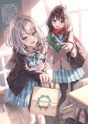  2girls ahoge bag black_bag black_jacket black_pantyhose blue_bow blue_bowtie blue_eyes blue_skirt bow bowtie brown_bag brown_hair brown_jacket brown_scarf brown_shoes classroom commentary_request cropped_legs desk enpera full_body gift gift_bag grey_hair hair_ornament hairclip highres holding holding_gift indoors jacket loafers long_hair long_sleeves looking_at_viewer merry_christmas morigami_(morigami_no_yashiro) multiple_girls open_clothes open_jacket open_mouth original pantyhose plaid_bow plaid_bowtie plaid_clothes plaid_scarf plaid_skirt pleated_skirt red_scarf scarf school_bag school_desk school_uniform shirt shoes skirt white_shirt window 