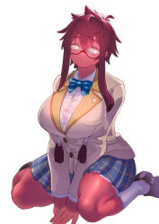  1girl absurdres blazer breasts brown_hair cowlick dark-skinned_female dark_skin glasses hands_on_floor highres huge_breasts jacket loafers long_sidelocks looking_at_viewer lulu-chan_(rao) neck_ribbon original plaid_clothes plaid_skirt pleated_skirt rao_(live-w) ribbon shirt shoes short_hair sidelocks sitting skirt socks wariza white_background white_shirt white_socks yellow_eyes 
