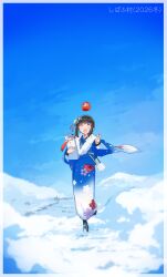  1girl :d absurdres bag black_hair blue_kimono blue_sky closed_eyes clouds commentary_request floral_print floral_print_kimono fubuki_(kancolle) fubuki_(yokohama)_(kancolle) fur-trimmed_kimono fur_trim furisode gradient_clothes handbag highres japanese_clothes kantai_collection kimono ma_rukan obi print_kimono sash sky smile standing standing_on_one_leg white_bag 