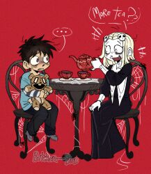  ... 1boy 1girl black_dress black_hair bug butcher--bird chair child commentary crossover cup dress english_commentary fang frown goth_fashion hair_ornament johnny_the_homicidal_maniac lenore_lynchfast lenore_the_cute_little_dead_girl messy_hair on_chair open_mouth pale_skin pants shirt shoes skull_hair_ornament smile speech_bubble spider squee! stuffed_animal stuffed_toy t-shirt tea_party teacup teapot teddy_bear todd_casil trad_goth 