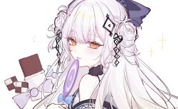  1girl blue_bow blue_bowtie bow bowtie candy chocolate food hair_ornament highres hime_cut japanese_clothes long_hair magical_girl mahou_shoujo_no_inshuu_mura open_mouth orange_eyes smile souri_10244 watanuki_sakuya_(manomura) white_hair 