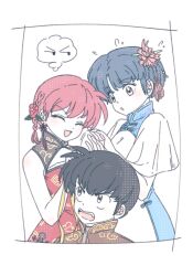  1boy 2girls :o akarinaakari black_hair blue_hair braid chinese_clothes closed_eyes commentary fang flower hair_flower hair_ornament hibiki_ryouga highres multiple_girls open_mouth pink_flower pink_hair ranma-chan ranma_1/2 short_hair single_braid smile speech_bubble tendou_akane thought_bubble untranslatable_commentary v-shaped_eyebrows 